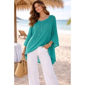 NWT $89 Chico's Coastal Beach Chic Embroidered Mesh Poncho Teal/Blue Green L/XL